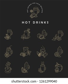 Vector icon and logo hot drinks for cold weather, merry Christmas and Happy New Year . Editable outline stroke size. Line flat contour, thin and linear design. Simple icons. Concept illustration. Sign