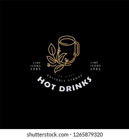 Vector icon and logo hot drinks for cold weather, merry Christmas and Happy New Year . Editable outline stroke size. Line flat contour, thin and linear design. Simple icons. Concept illustration. Sign
