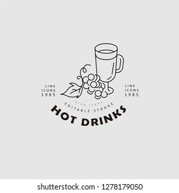 Vector icon and logo hot drinks for cold weather, merry Christmas and Happy New Year . Editable outline stroke size. Line flat contour, thin and linear design. Simple icons. Concept illustration. Sign