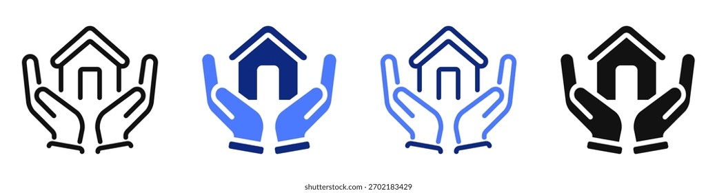 Icono de Vector o logotipo de casa en manos relacionadas con bienes raíces y alquiler, construcción, compra y venta de una casa. Símbolo para Sitio web o App UI, diseño de logotipo, ilustración