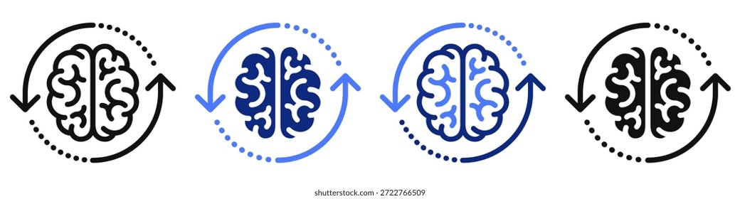 Vector icon or logo of human brain with rotating arrows related to creativity and brainstorming, medicine and education. Symbol for website or app UI, logo design, illustration