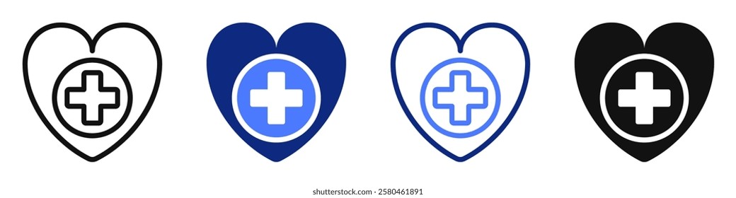 Vector icon or logo of human heart with cross related to medicine and healthcare, first aid and pharmacy, cardiology. Symbol for website or app ui, logo design, illustration