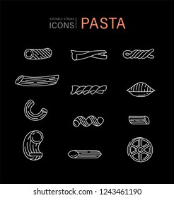 Vector icon and logo for italian pasta or noodles. Editable outline stroke size. Line flat contour, thin and linear design. Simple icons. Concept illustration. Sign, symbol, element.