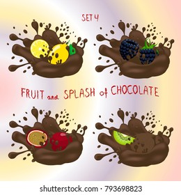 Vector icon logo for kiwi, lemon, blackberry,passion fruit, splash of drop brown chocolate.Kiwi pattern of splashes drip flow Chocolate.Eat sweet kiwis,lemons, blackberries,passion fruit in chocolates