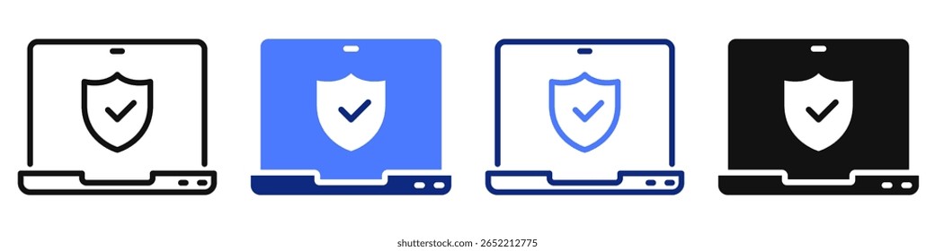 Icono de Vector o logotipo de portátil con escudo relacionado con la ciberseguridad, Contraseña y protección de datos personales. Símbolos para Sitio web o App UI, diseño de logotipo, ilustración