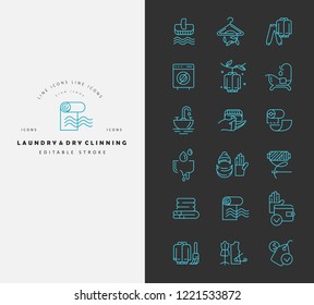Vector icon and logo for laundry and dry clinning. Editable outline stroke size. Line flat contour, thin and linear design. Simple icons. Concept illustration. Sign, symbol, element.