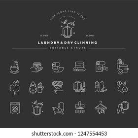 Vector icon and logo for laundry and dry clinning. Editable outline stroke size. Line flat contour, thin and linear design. Simple icons. Concept illustration. Sign, symbol, element.