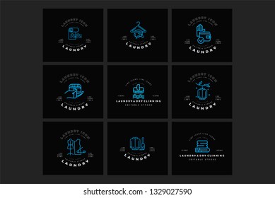 Vector icon and logo for laundry and dry clinning. Editable outline stroke size. Line flat contour, thin and linear design. Simple icons. Concept illustration. Sign, symbol, element.