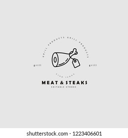 Vector icon and logo for meat and grill cafe or steak restaurant. Editable outline stroke size. Line flat contour, thin and linear design. Simple icons. Concept illustration. Sign, symbol, element.