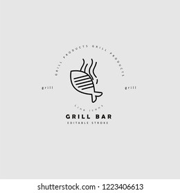 Vector icon and logo for meat and grill cafe or steak restaurant. Editable outline stroke size. Line flat contour, thin and linear design. Simple icons. Concept illustration. Sign, symbol, element.