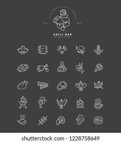 Vector icon and logo for meat and grill cafe or steak restaurant. Editable outline stroke size. Line flat contour, thin and linear design. Simple icons. Concept illustration. Sign, symbol, element.