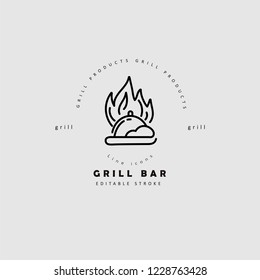 Vector icon and logo for meat and grill cafe or steak restaurant. Editable outline stroke size. Line flat contour, thin and linear design. Simple icons. Concept illustration. Sign, symbol, element.