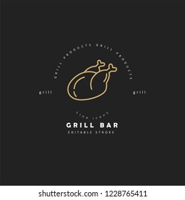 Vector icon and logo for meat and grill cafe or steak restaurant. Editable outline stroke size. Line flat contour, thin and linear design. Simple icons. Concept illustration. Sign, symbol, element.