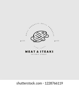 Vector icon and logo for meat and grill cafe or steak restaurant. Editable outline stroke size. Line flat contour, thin and linear design. Simple icons. Concept illustration. Sign, symbol, element.