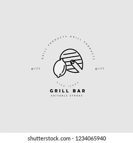 Vector icon and logo for meat and grill cafe or steak restaurant. Editable outline stroke size. Line flat contour, thin and linear design. Simple icons. Concept illustration. Sign, symbol, element.