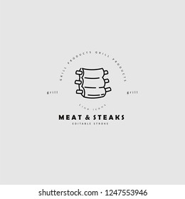 Vector icon and logo for meat and grill cafe or steak restaurant. Editable outline stroke size. Line flat contour, thin and linear design. Simple icons. Concept illustration. Sign, symbol, element.