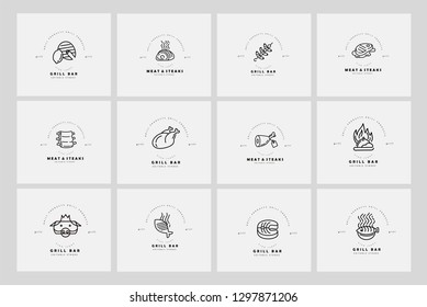 Vector icon and logo for meat and grill cafe or steak restaurant. Editable outline stroke size. Line flat contour, thin and linear design. Simple icons. Concept illustration. Sign, symbol, element.