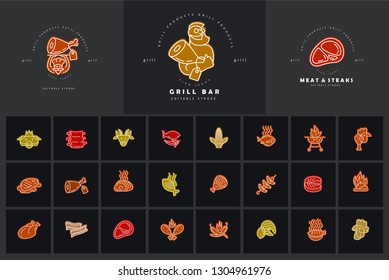 Vector icon and logo for meat and grill cafe or steak restaurant. Editable outline stroke size. Line flat contour, thin and linear design. Simple icons. Concept illustration. Sign, symbol, element.
