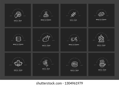 Vector icon and logo for meat and grill cafe or steak restaurant. Editable outline stroke size. Line flat contour, thin and linear design. Simple icons. Concept illustration. Sign, symbol, element.