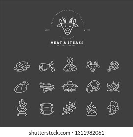 Vector icon and logo for meat and grill cafe or steak restaurant. Editable outline stroke size. Line flat contour, thin and linear design. Simple icons. Concept illustration. Sign, symbol, element.