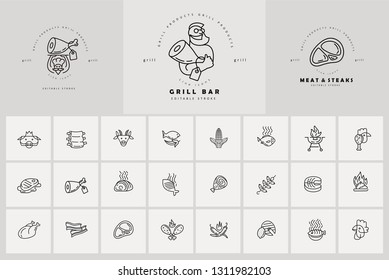 Vector icon and logo for meat and grill cafe or steak restaurant. Editable outline stroke size. Line flat contour, thin and linear design. Simple icons. Concept illustration. Sign, symbol, element.