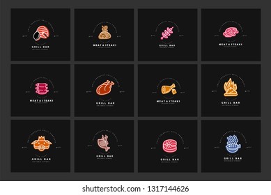 Vector icon and logo for meat and grill cafe or steak restaurant. Editable outline stroke size. Line flat contour, thin and linear design. Simple icons. Concept illustration. Sign, symbol, element.