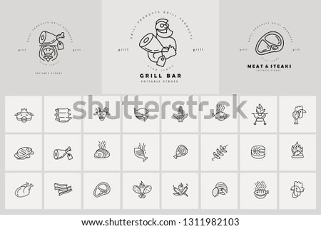 Vector icon and logo for meat and grill cafe or steak restaurant. Editable outline stroke size. Line flat contour, thin and linear design. Simple icons. Concept illustration. Sign, symbol, element.