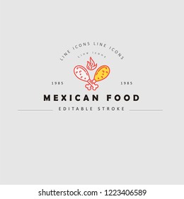 Vector icon and logo for mexican food. Editable outline stroke size. Line flat contour, thin and linear design. Simple icons. Concept illustration. Sign, symbol, element.