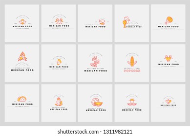 Vector icon and logo for mexican food. Editable outline stroke size. Line flat contour, thin and linear design. Simple icons. Concept illustration. Sign, symbol, element.