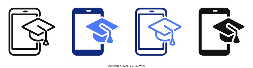 Vector icon or logo of mobile phone with graduation cap related to online education, e-learning, webinar. Symbol for website or app ui, logo design, illustration