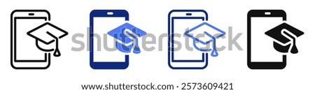 Vector icon or logo of mobile phone with graduation cap related to online education, e-learning, webinar. Symbol for website or app ui, logo design, illustration