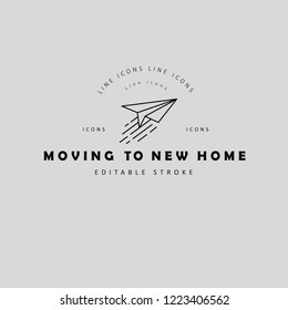 Vector icon and logo for moving to a new home. Editable outline stroke size. Line flat contour, thin and linear design. Simple icons. Concept illustration. Sign, symbol, element.