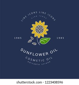 Vector icon and logo for natural cosmetics oil care dry skin. Editable outline stroke size. Line flat contour, thin and linear design. Simple icons. Concept illustration. Sign, symbol, element.