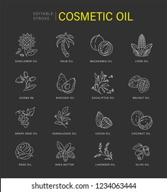 Vector icon and logo for natural cosmetics oil care dry skin. Editable outline stroke size. Line flat contour, thin and linear design. Simple icons. Concept illustration. Sign, symbol, element.
