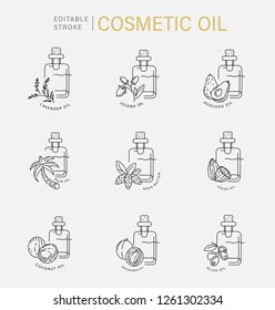 Vector icon and logo for natural cosmetics oil care dry skin. Editable outline stroke size. Line flat contour, thin and linear design. Simple icons. Concept illustration. Sign, symbol, element.