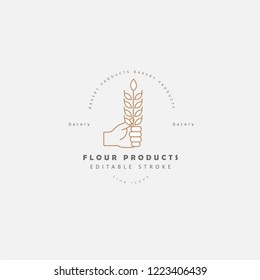 Vector icon and logo for natural flour product and bacery. Editable outline stroke size. Line flat contour, thin and linear design. Simple icons. Concept illustration. Sign, symbol, element.