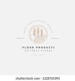 Vector icon and logo for natural flour product and bacery. Editable outline stroke size. Line flat contour, thin and linear design. Simple icons. Concept illustration. Sign, symbol, element.