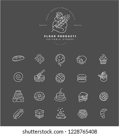 Vector icon and logo for natural flour product and bacery. Editable outline stroke size. Line flat contour, thin and linear design. Simple icons. Concept illustration. Sign, symbol, element.
