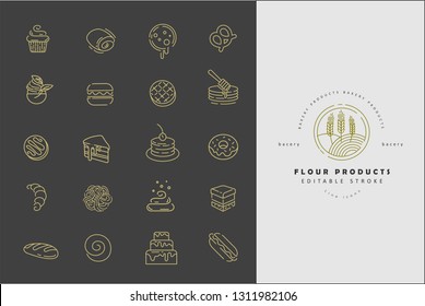 Vector icon and logo for natural flour product and bacery. Editable outline stroke size. Line flat contour, thin and linear design. Simple icons. Concept illustration. Sign, symbol, element.