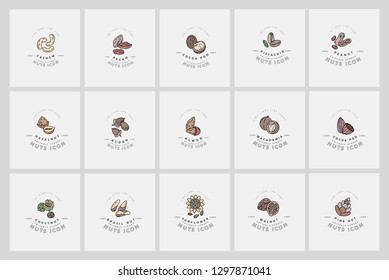 Vector icon and logo for nuts and seeds. Editable outline stroke size. Line flat contour, thin and linear design. Simple icons. Concept illustration. Sign, symbol, element.