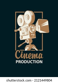 Icono vector o logotipo con videocámara o proyector de película anticuados y la inscripción producción de cine en un fondo negro. Adecuado para banner publicitario, afiche, pegatina, volante, boleto