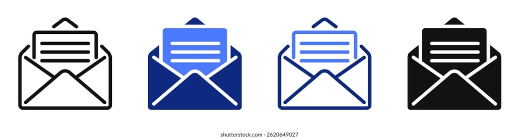 Ícone vetorial ou logotipo do envelope aberto da carta relacionado a e-mail, newsletter, SMS. Símbolo para IU de site ou aplicativo, design de logotipo, ilustração