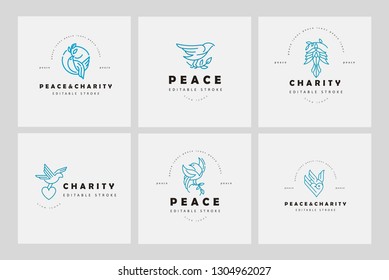 Vector icon and logo peace and charity. Editable outline stroke size. Line flat contour, thin and linear design. Simple icons. Concept illustration. Sign, symbol, element.