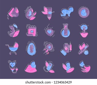 Vector icon and logo for pegnancy and gynecology. Editable outline stroke size. Line flat contour, thin and linear design for adoption and babysitter. Simple icons. Concept illustration. Sign, symbol