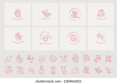 Vector icon and logo for pegnancy and gynecology. Editable outline stroke size. Line flat contour, thin and linear design for adoption and babysitter. Simple icons. Concept illustration. Sign, symbol