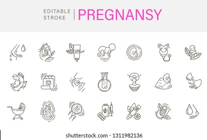 Vector icon and logo for pegnancy and gynecology. Editable outline stroke size. Line flat contour, thin and linear design for adoption and babysitter. Simple icons. Concept illustration. Sign, symbol