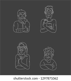 Vector icon and logo people character avatars, creative team. Editable outline stroke size. Line flat contour, thin and linear design. Simple icons. Concept illustration. Sign, symbol, element.