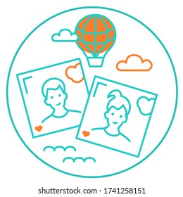 Vector icon, logo, icon with photo selfie couple of two people and a balloon in the sky with clouds over the sea. Summer vacation illustration.