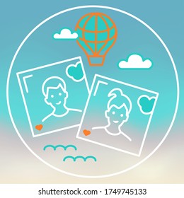 Vector icon, logo, icon with photo selfie couple of two people and a balloon in the sky with clouds over the sea. Summer vacation illustration.