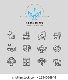 Vector icon and logo of plumbing. Editable outline stroke size. Line flat contour, thin and linear design. Simple icons. Concept illustration. Sign, symbol, element.